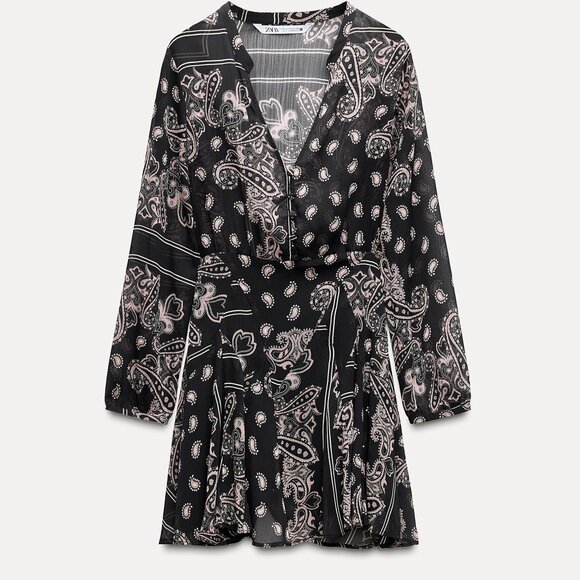 Zara Multicolor Paisley Print Semi-sheer Mini Flare Buttoned Dress Size Large - Picture 4 of 14